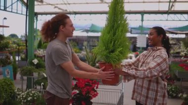 Gülümseyen genç adam, kız arkadaşının ittiği saksı bitkilerini alışveriş arabasına koyuyor büyük bir serada yürürken ve bahçeleri için birlikte çiçek seçerken.