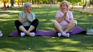 Güneşli bir parkta, mor bir minder üzerinde yoga ve meditasyon yapan iki neşeli yaşlı kadın, arkadaşlık ve rahatlama yoluyla yaşlı yetişkinler için aktif ve sağlıklı bir yaşam tarzını teşvik ediyorlar.