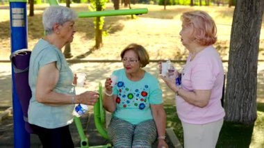 Yaşlı bayan arkadaşlar dinlenme molasının keyfini çıkarıyorlar. Güneşli bir parkta spor malzemeleriyle egzersiz yaptıktan sonra suyla su içip sohbet ediyorlar. Aktif ve sağlıklı bir yaşam tarzını destekliyorlar.