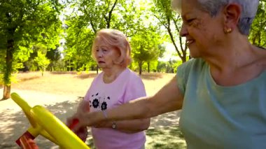 Güneşli bir günün tadını çıkaran iki yaşlı kadın güzel yeşil bir parkta spor yapıyor, emeklilik sırasında aktif ve sağlıklı bir yaşam tarzını destekliyor.