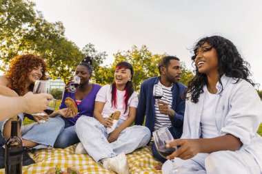 Diverse group of young adults laughing and sharing sandwiches and wine on a picnic blanket in a sunny park, enjoying summer togetherness, relaxation and friendship outdoors