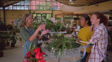 Friendly mature florist providing guidance to a young happy couple choosing houseplants at a local flower shop, demonstrating her expertise in horticulture and helping them with their selection