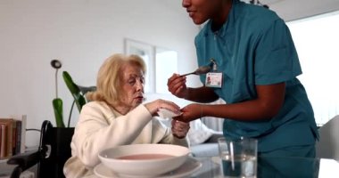 Nazik bir Afrikalı Amerikalı bakıcı, tekerlekli sandalyedeki yaşlı bir kadına yemeğini yemesi için yardım ediyor, evde bakım ve destek sağlıyor. Empati ve şefkat gösteren geriatrik bakım konsepti