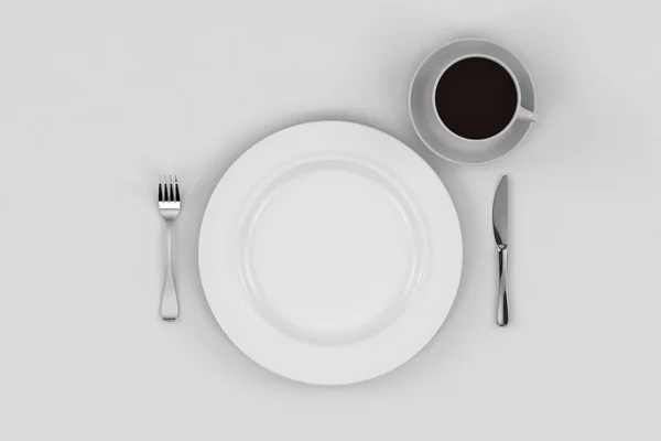 Placă de cină, cuțit și furculiță, ceașcă de cafea — Fotografie, imagine de stoc