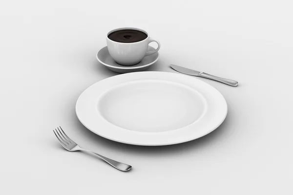 Dinner Plate, Knife, and Fork, coffee cup — Stock Photo, Image