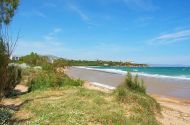 Rafina, Attica yakınlarındaki Marikes Sahili 'nin yaz manzarası, kumlu kıyılar ve berrak turkuaz suları, seyahat ve turizm için ideal huzurlu bir kıyı manzarası yaratıyor..