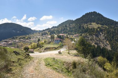 Mora, Arcadia 'daki Valtesiniko taş köyünün manzaralı yaz manzarası Mainalo Dağı' nın görkemli zirvelerinin altına kurulmuştur. Mükemmel bir Yunan dağı istikameti.