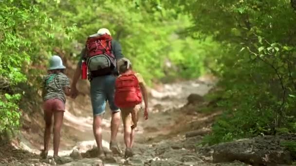 Homem com mochila andando com menino e menina na estrada nas montanhas. Viagem estilo de vida conceito aventura férias de verão ao ar livre. Caminhadas em família felizes no campo — Vídeo de Stock