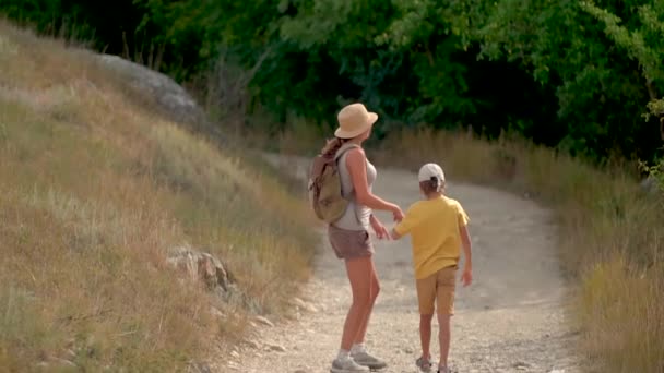 Kobieta z plecakiem spacerująca z synem po drodze w górach. Podróże koncepcja stylu życia przygoda outdoor letnie wakacje. — Wideo stockowe
