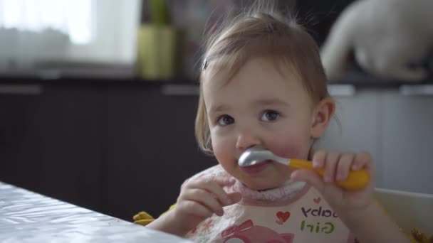 Söt barnmat. Baby flicka äter hälsosam mat själv. — Stockvideo