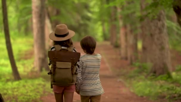Turystka i chłopiec cieszący się turystyką z plecakiem w parku narodowym. Szczęśliwe dzieci spacerujące w lesie latem. Koncepcja aktywnego stylu życia — Wideo stockowe