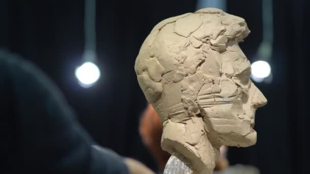 Pematung menciptakan patung kepala manusia. Wanita yang bekerja di studio — Stok Video