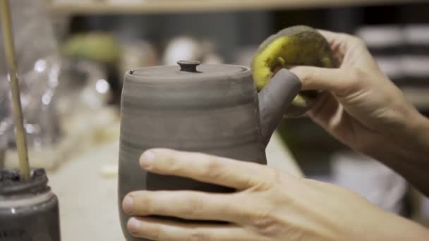 Tillverkning av keramik. Kvinna som arbetar med lera på keramikhjul. — Stockvideo