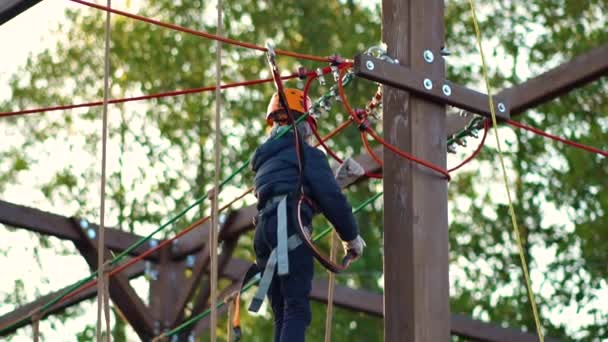 Niño en el parque de aventura forestal. Niño en cascos de seguridad pasando la ruta de cable alta entre los árboles — Vídeo de stock