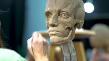 Heykeltıraş insan kafası heykeli yapıyor. Stüdyoda çalışan kadın. Burun yapısı anatomisi
