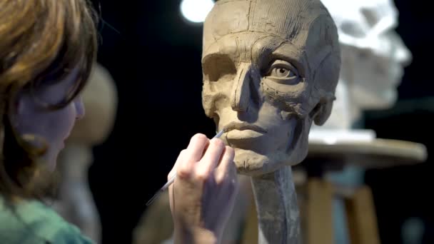 Mujer escultora trabajando en una escultura de una cabeza humana. — Vídeo de stock