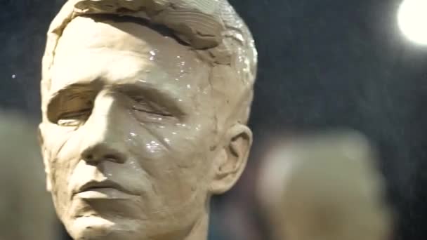 O femeie sculptor la locul de muncă pe o sculptură a unui cap uman . — Videoclip de stoc