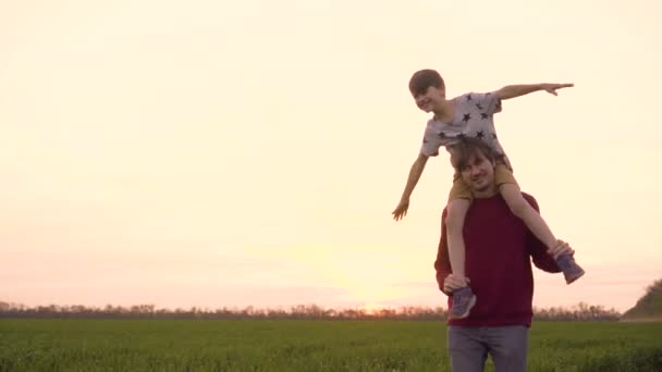 Barnet sitter på pappas axlar. Lycklig familj pappa med son spela tillsammans på fältet. Far och barn umgås i naturen — Stockvideo