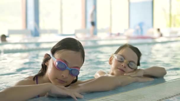 Glada barn i poolen. Sport livsstil koncept. Pojke och flicka på simlektioner — Stockvideo