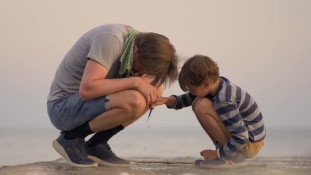 息子と幸せな家族のお父さんが一緒に遊ぶ。父と子は自然の中で共に過ごす — ストック動画