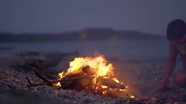 Apa és a gyerek tüzet gyújtanak. Egy család tüzet gyújt a tengerparton. A családi kikapcsolódás fogalma a természetben. Tábortűz naplementekor — Stock videók