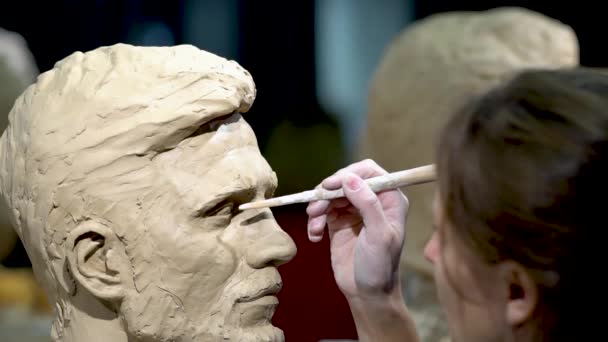 Женщина-скульптор за работой над скульптурой человеческой головы. — стоковое видео