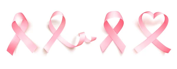 Grande conjunto de fita rosa realista isolado sobre fundo branco. Símbolo do mês de conscientização do câncer de mama em outubro —  Vetores de Stock