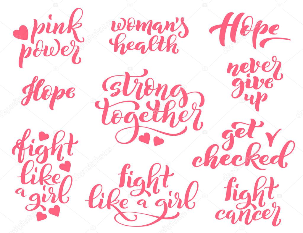 Big set of lettering for t-shirts, posters and wall art. Template tagline for breast cancer awareness month in october.