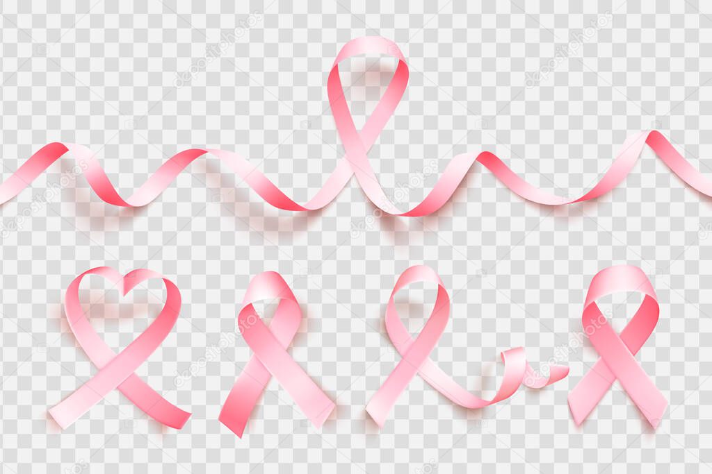 Big set of realistic pink ribbon isolated over white background. Symbol of breast cancer awareness month in october