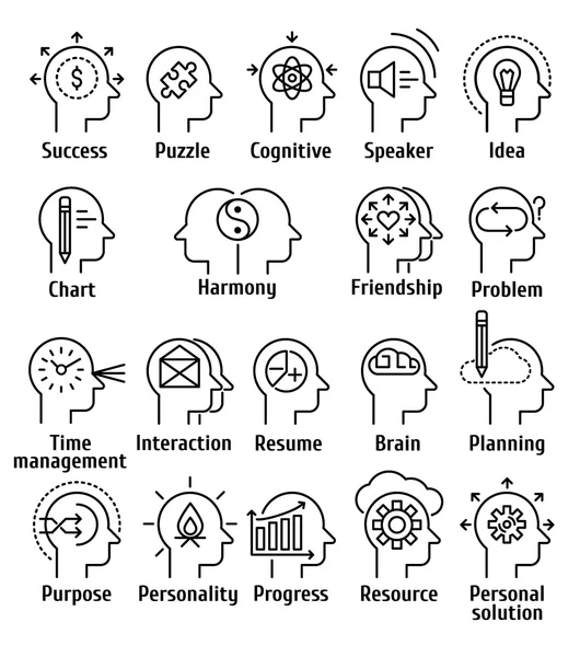 Icônes de pictogramme de ligne d'AVC ensemble du fonctionnement, des sentiments et des émotions du cerveau humain . — Image vectorielle