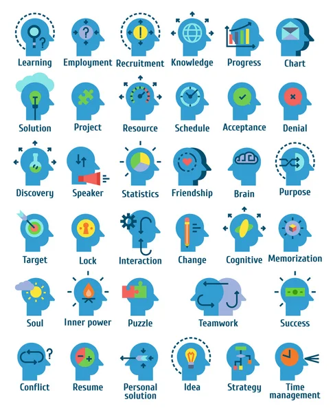 Pictogramme plat icônes ensemble de fonctionnement du cerveau humain, sentiments et émotions . — Image vectorielle