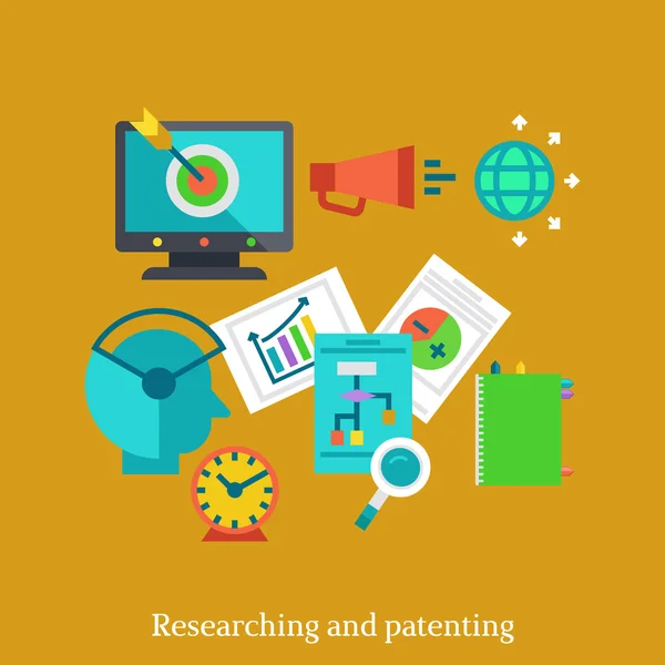 研究とフラットの図の概念を特許. — ストックベクタ