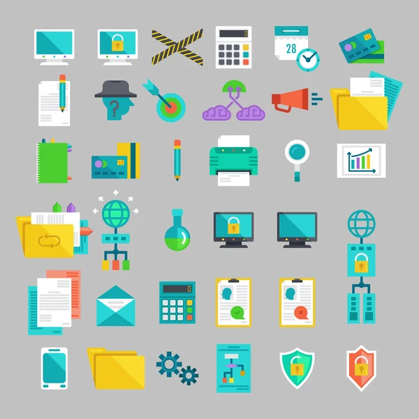 Vector flat icons set with concepts of business, office work, marketing, seo. — Stock Vector