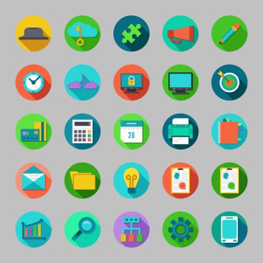 Yuvarlak vektör düz Icons set iş, office kavramları ile wo