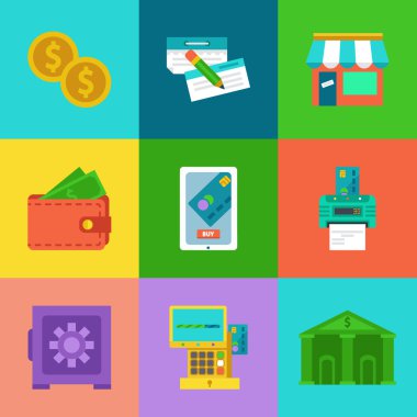 Vektör online banka kavramları ayarla - ödemek ve mobil aygıtlar ve banka ile para almak.