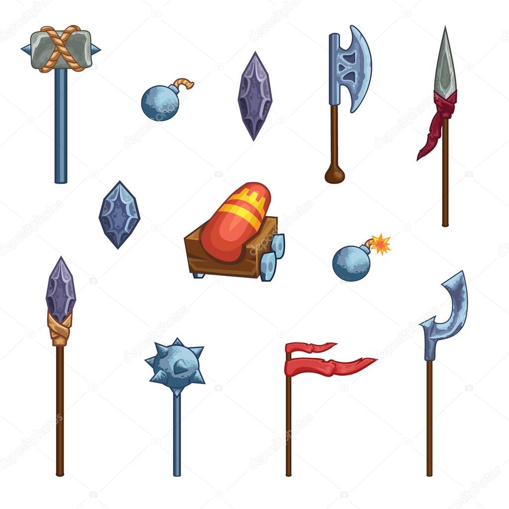 Medieval cartoon weapons. Game icons.