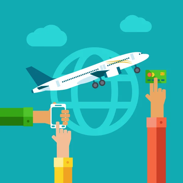 Flat concept of online paying for airplane tickets. — Stock Vector