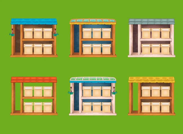 Juego de ventanas de tienda de madera — Vector de stock