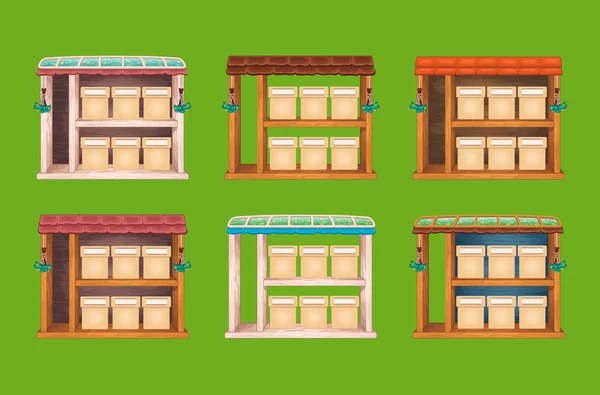 Juego de ventanas de tienda de madera — Vector de stock