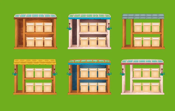 Juego de ventanas de tienda de madera — Vector de stock