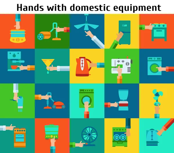 Serie di mani con attrezzature domestiche — Vettoriale Stock