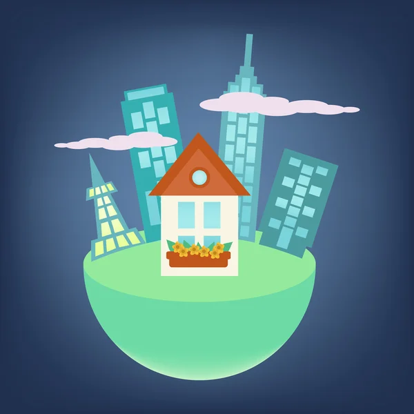 City around small house on a globe — Stock Vector