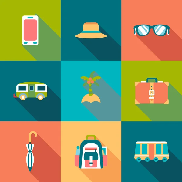 Iconos de color plano de viaje con sombra — Vector de stock