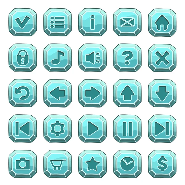 Set of blue stone square buttons, vector game icons — Stock Vector