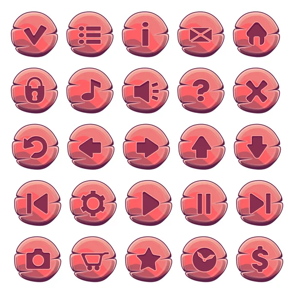 Set of red wooden round buttons, vector game icons — Stock Vector