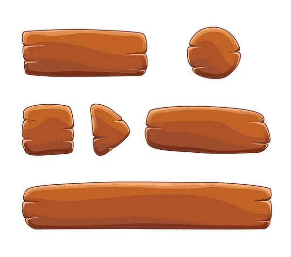 Set of cartoon wooden buttons with different shapes, vector gui elements — Stock Vector