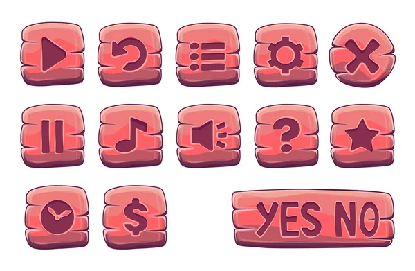 Conjunto de botones cuadrados de madera roja, iconos del juego de vectores — Vector de stock