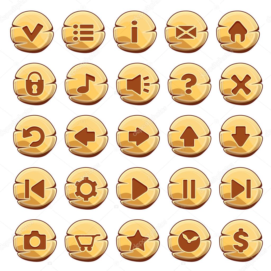 Set of gold round buttons, vector game icons