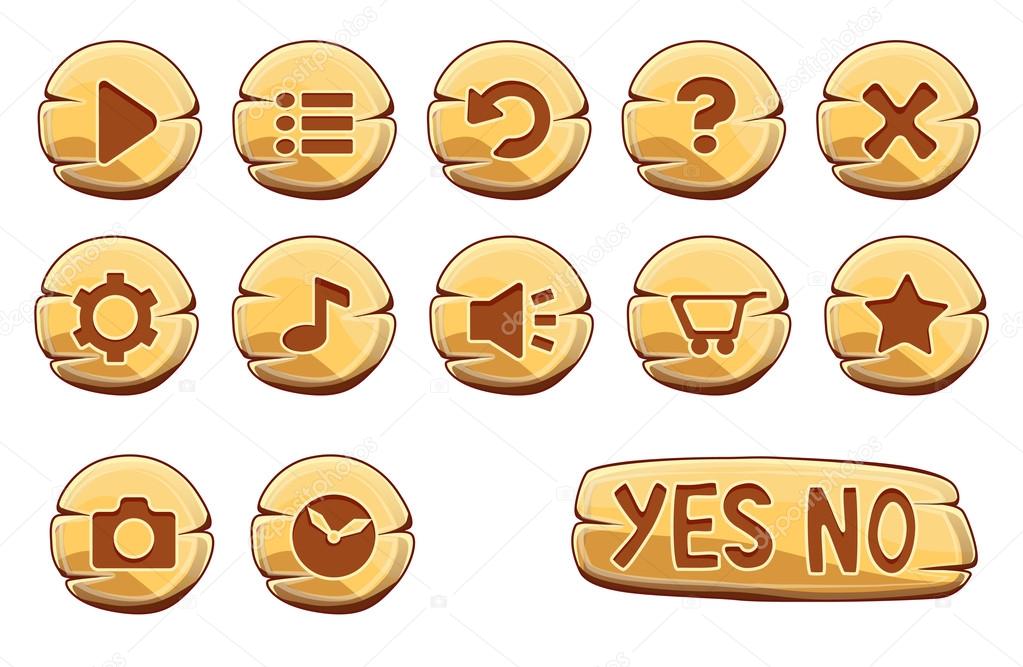Set of gold round buttons, vector game icons
