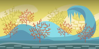 Kesintisiz yatay çizgi film, zemin, orman ve gökyüzü katmanları ile sonsuz arka plan vektör